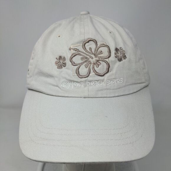Daytona Beach Shores Strapback Hat Tan One Size Embroidered Hibiscus - Picture 2 of 8